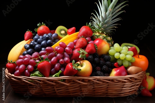 Colorful array of assorted fresh fruits displayed in a beautifully decorated basket
