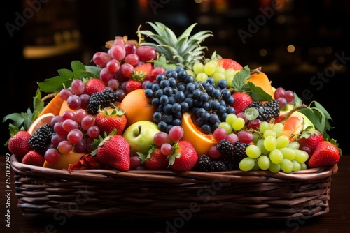 Bright and colorful array of fresh fruits elegantly presented in a decorative woven basket