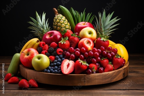 Vibrant fruit basket with fresh berries  ripe bananas  apples and zesty citrus fruits