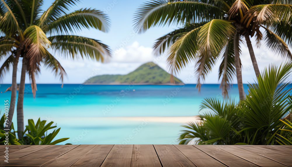 Fototapeta premium Empty rustic wooden table on blur background of beautiful beach for mockup summer product display or travel ad. Picnic table with customizable space on table-top for editing. Flawless