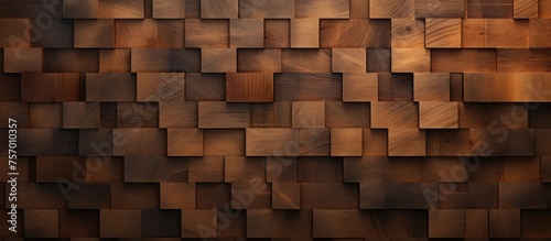 A detailed closeup of a brown hardwood wall made of rectangular squares resembling brickwork. The tints and shades range from beige to darker browns  showcasing the natural beauty of the wood