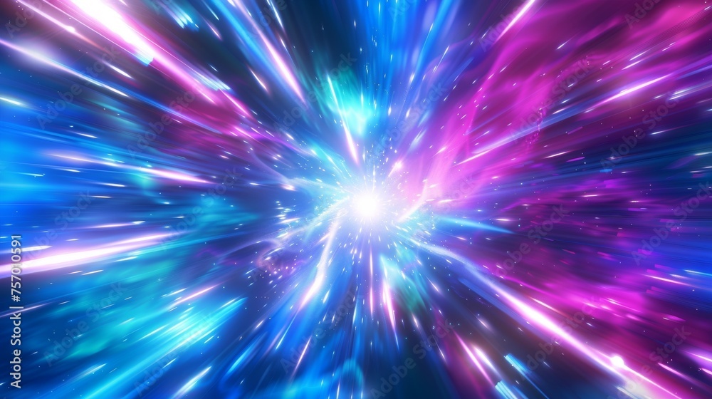 Modern realistic illustration of abstract neon pink, blue, purple, white rays in circular motion, space route perspective, magic super power flash, explosion energy.