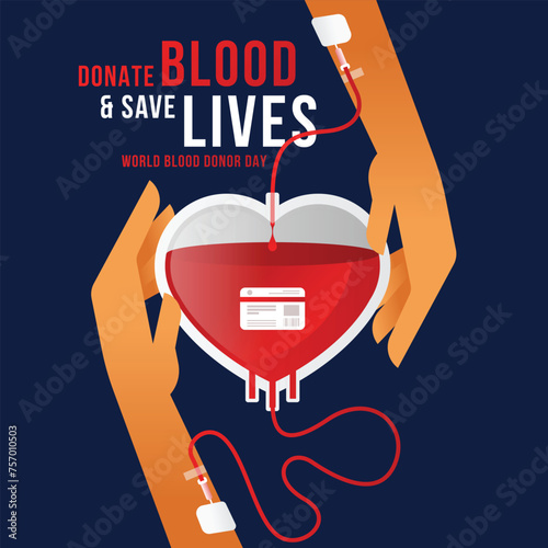 World donor blood day, Donate blood save lives - text and arm give blood falling into heart bag and receiving blood into arm on blue background vector design