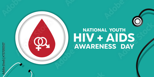 National Youth Hiv Aids Awareness Day. stestoscope, blood, Female and male gender symbols. Great for cards, banners, posters, social media and more. Easy blue background. 
