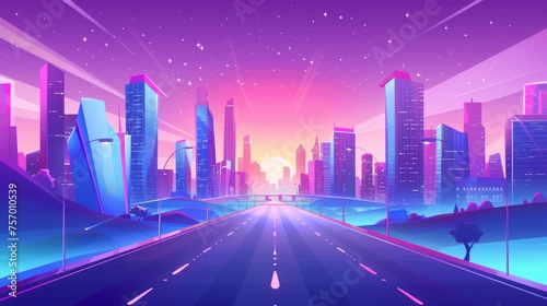 City highway with sunrise lights  sun rising in pink and purple dawn sky with stars  skyscraper buildings  cityscape. Modern cartoon illustration.