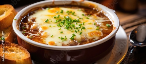 A comforting French onion soup topped with melted cheese and served with garlic bread, a classic staple food in French cuisine