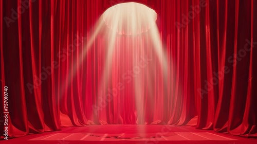 Cinema or announcement concept with waved fabric with light on a red theater stage curtain with round spotlight. Realistic modern background of opera show or movie ceremony drapery on scene.