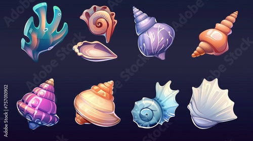 A set of cartoon modern illustrations depicting cute marine underwater seashells for RPG GUI designs. Horned, spiral, and scalloped conches for nautical or aquarium environments.