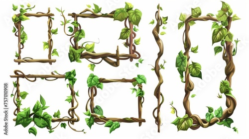 Cartoon modern rain forest tree stem in rectangular and circular shapes. Jungle climbing plant vine for game UI design. Branches of liana twisted and tangled.