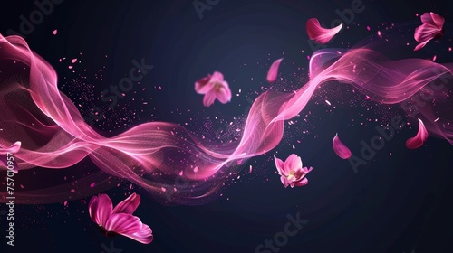 Flowing pink swirls with flower petals on a black background. Modern realistic illustration of neon light waves with sakura blossoms, perfume aroma trail, magic power of romantic love. photo