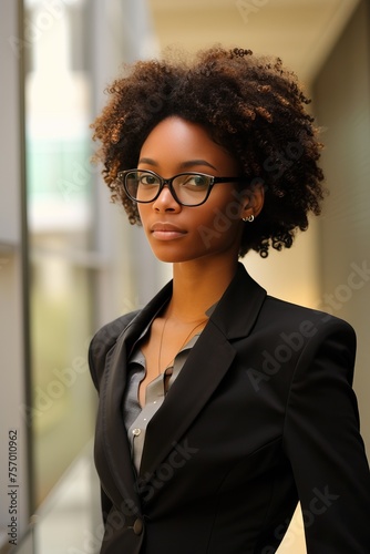 Portrait of a business woman in a business suit and glasses. Curly hair, in a charming pose, radiating professionalism and sophistication.