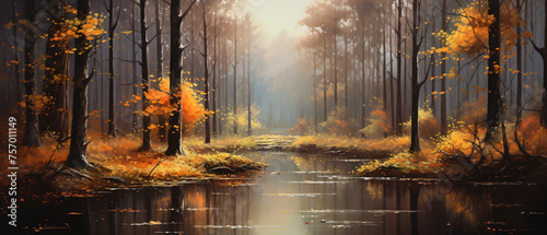 Autumn forest oil painting ambiance.