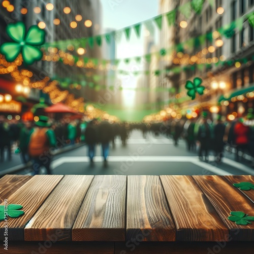 Wooden empty tabletop on blurred city street background with green holiday garlands and St.