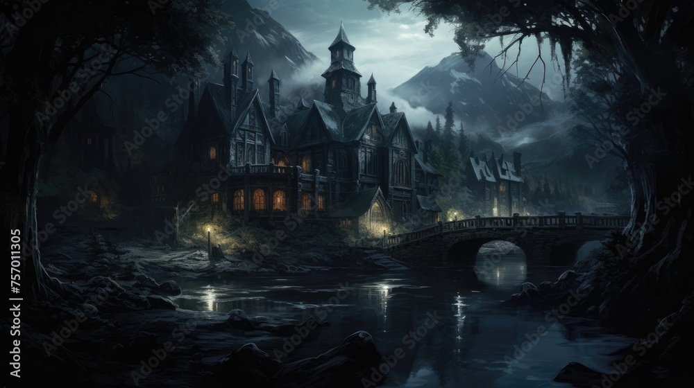 A mysterious castle. Full moon, dark night.