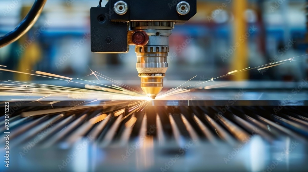 A high-powered laser cutter at work in a metal fabrication shop - obrazy, fototapety, plakaty 
