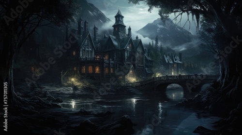 A mysterious castle. Full moon, dark night.