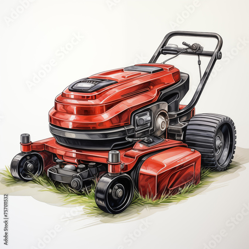 Red electric lawnmower isolated on white background