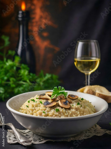 A creamy mushroom risotto with garlic, professional food photography, ad promotional photography, dark studio photo of food