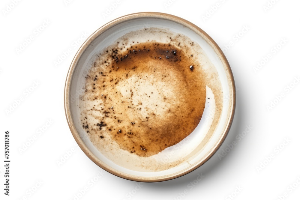 Dirty plate isolated, empty sauce-smeared bowl after meal on white background (top view). Dirty plate isolated, empty sauce-smeared bowl after meal on white background (top view).