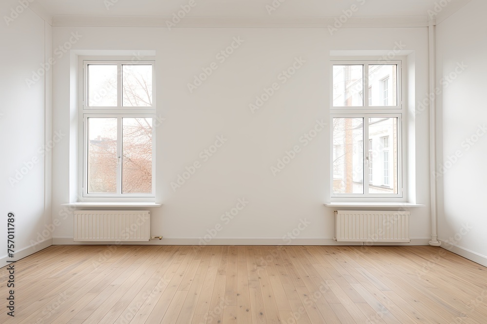 Fototapeta premium Renovated apartment: Empty room with new windows, white walls, and wooden floor.