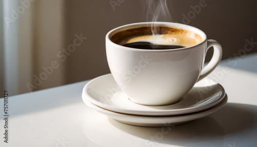 Morning Coffee  A white cup filled with steaming coffee rests on a clean white table  casting a subtle shadow. creating a serene morning scene.