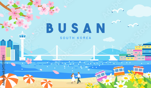 Busan, South Korea poster vector illustration. Beautiful Busan landscape in spring season