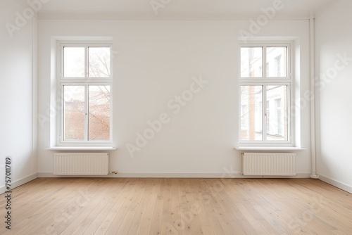 Renovated apartment: Empty room with new windows, white walls, and wooden floor.