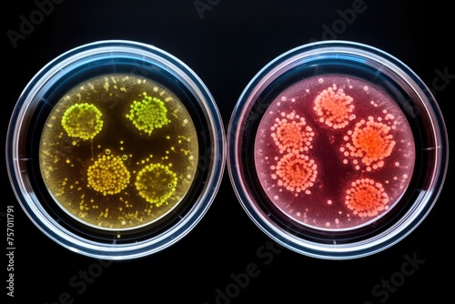 Bacteria from public hall air on petri dish, different color, size, type. Isolated on black background with TSA. Emphasize complete depth. photo