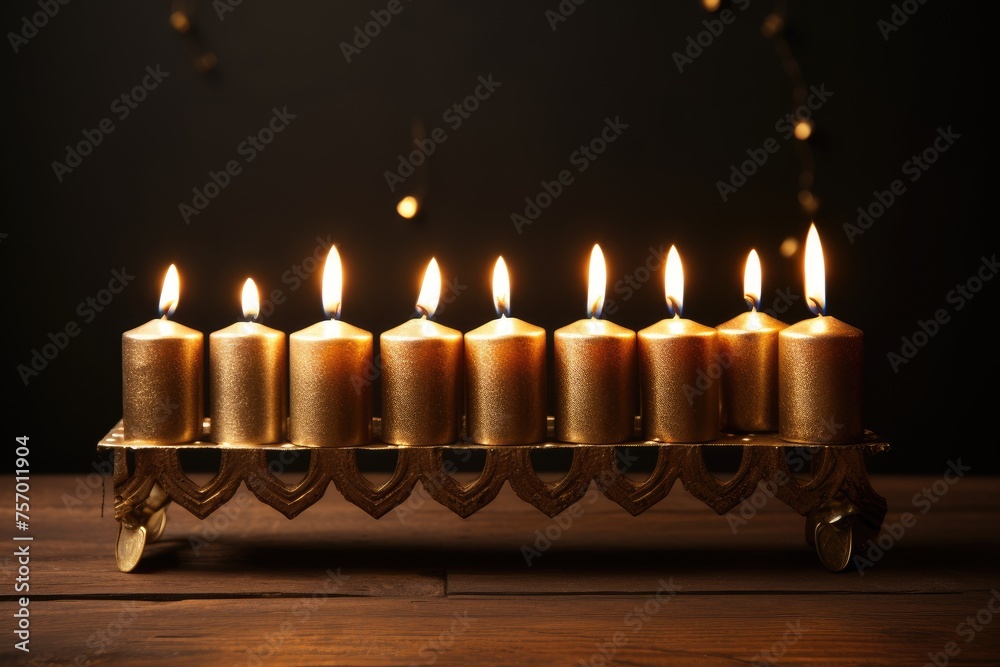 Seven candles lit on a menorah. Seven candles lit on a menorah.