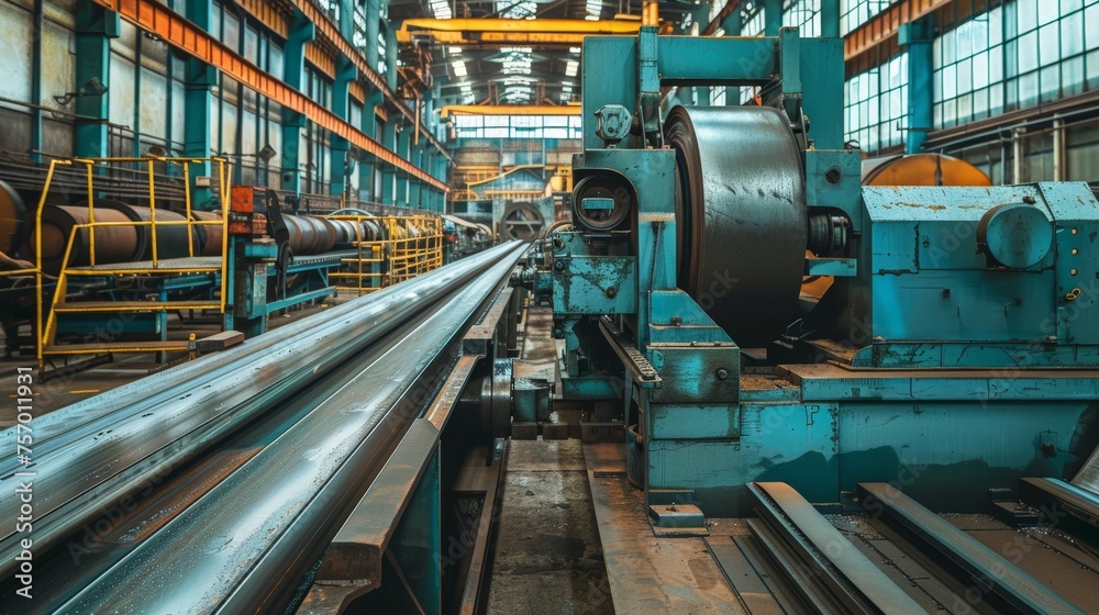 A large-scale rolling machine processing heavy metal sheets A large-scale rolling machine processing heavy metal sheets