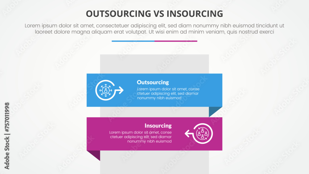 outsourcing versus insourcing comparison opposite infographic concept for slide presentation with rectangle box vertical stack with flat style