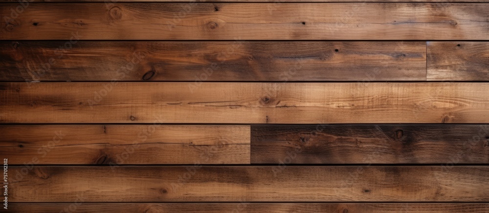 A closeup of a brown hardwood plank wall with tints and shades, showcasing the beautiful pattern of the wood grain and wood stain on the lumber