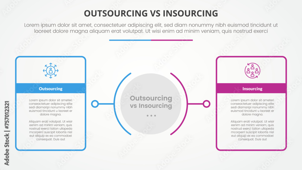 outsourcing versus insourcing comparison opposite infographic concept for slide presentation with big outline table box with circle center with flat style vector outsourcing versus insourcing comparison opposite infographic concept for slide presentation with big outline table box with circle center with flat style vector