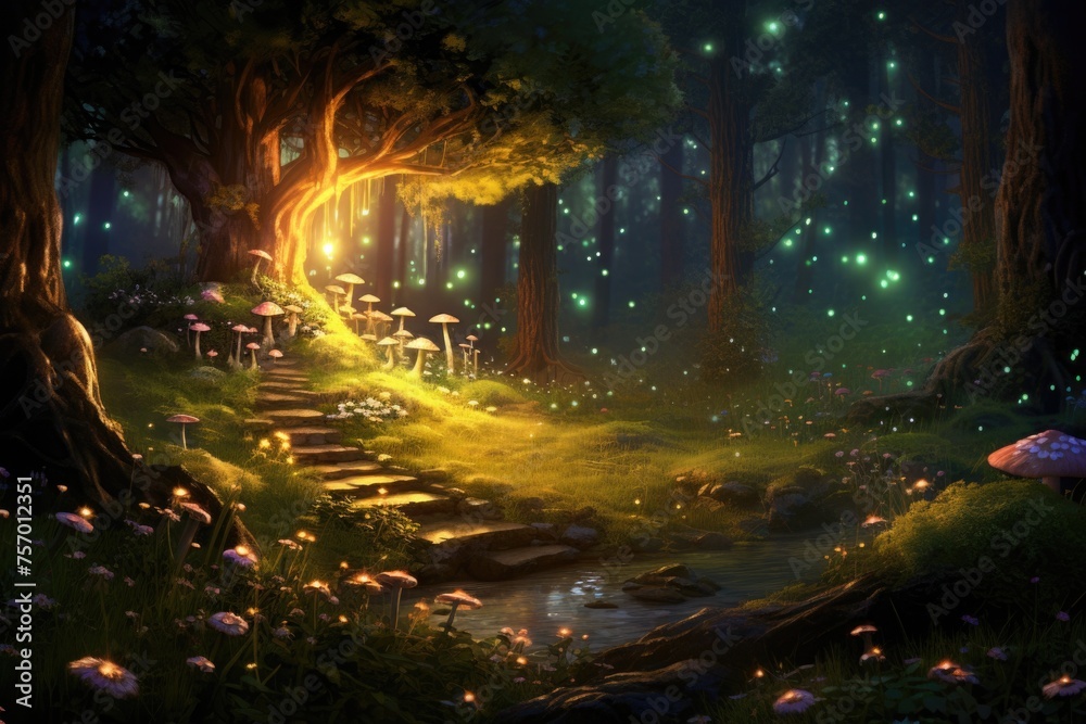 Abstract and magical image of Firefly flying in the night forest. Fairy tale concept