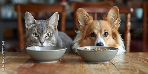 The wary cat and dog eye the bowl of food. Concept pet photography, food rivalry, animal behavior
