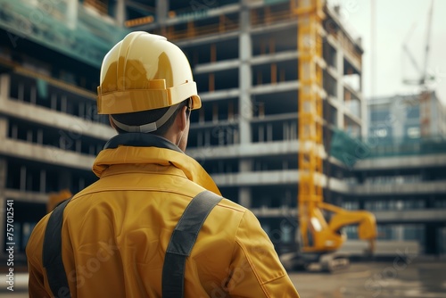 Construction worker in yellow hardhat overlooking a busy construction site.