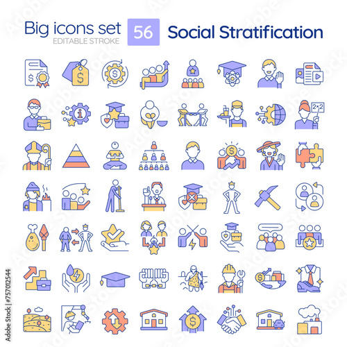 Social stratification RGB color icons set. Class system. Social hierarchy. Economic disparity. Isolated vector illustrations. Simple filled line drawings collection. Editable stroke