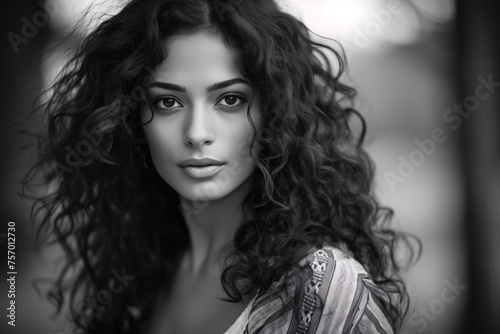 Black and white portrait of beautiful sensual latin woman with curly hair and magnetic look. 
