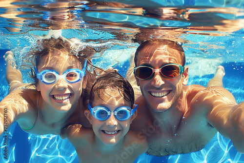 Underwater family selfie with bright smiles and a clear blue pool