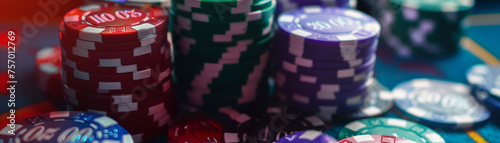 Casino chips and dice on a vibrant table conveying excitement and risk