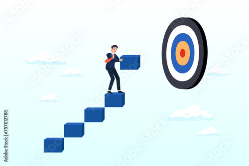 Businessman building stair to reach target, develop business plan to achieve target, build stair to success or career growth, action plan or effort to reach goal, motivation to reach target (Vector)