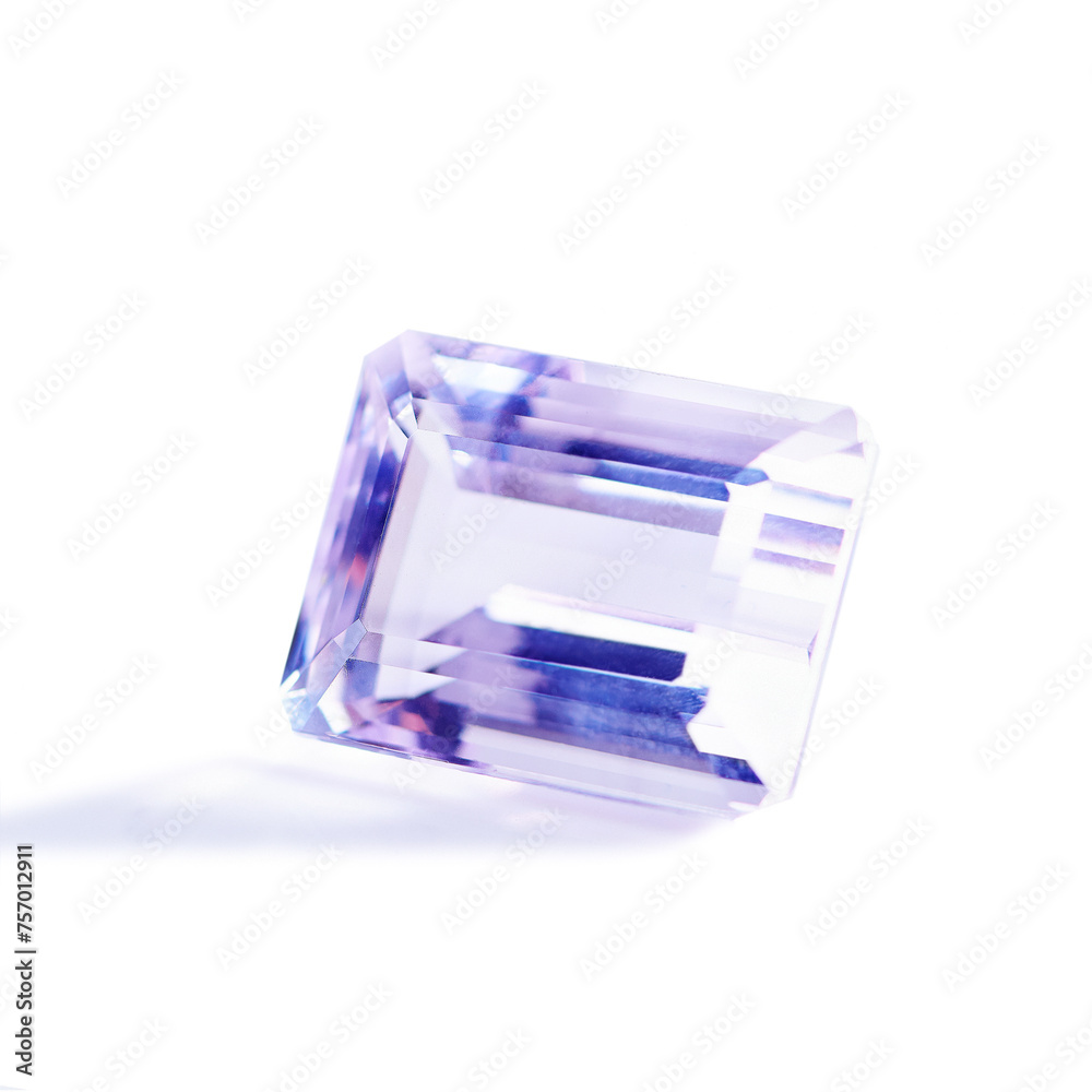 Purple, gemstone or jewelry on a white background for luxury, expensive and rich design in studio. Violet, diamond or crystal rock for texture, glamor and ring with shine and reflection for gift Purple, gemstone or jewelry on a white background for luxury, expensive and rich design in studio. Violet, diamond or crystal rock for texture, glamor and ring with shine and reflection for gift