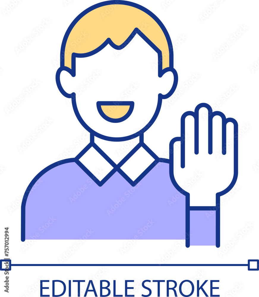 Friendly person RGB color icon. Greeting and welcoming gesture. Man with raised hand. Smiling office worker. Isolated vector illustration. Simple filled line drawing. Editable stroke