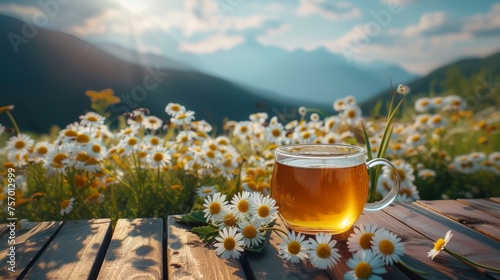 Tea cup surrounded by chamomile flowers in the mountains