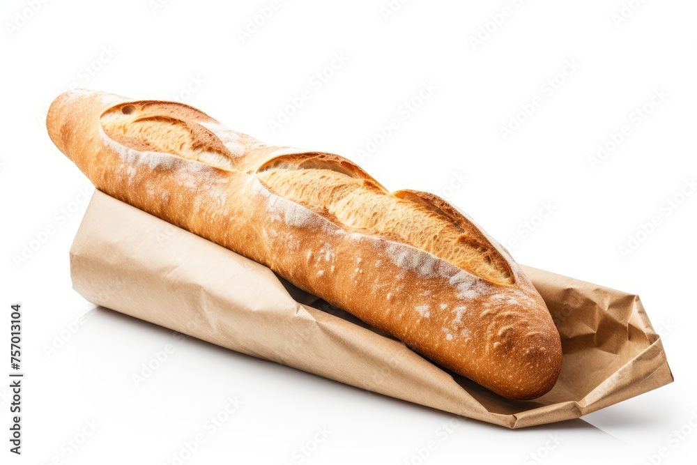 White background baguette in paper bag.