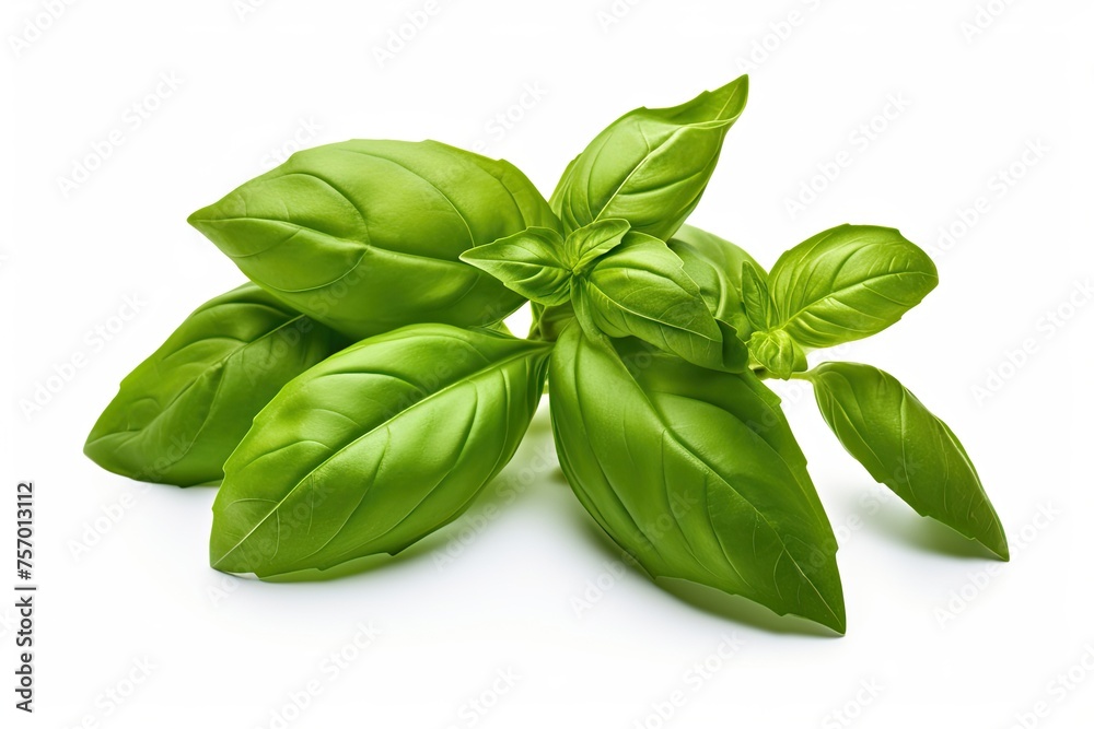 Basil leaves on white surface.