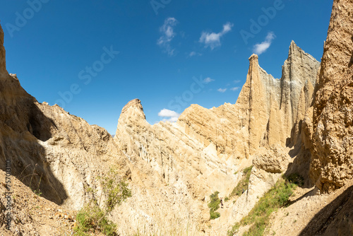 Omarama Clay Cliffs : unique and dramatic landscape with pinnacles, ravines, and sharp ridges in Waitaki Valley of New Zealand