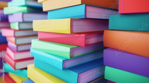 A stack of paper books with colorful hardcovers  white pages  and markers for a concept of school education and reading. A tower of close literature.