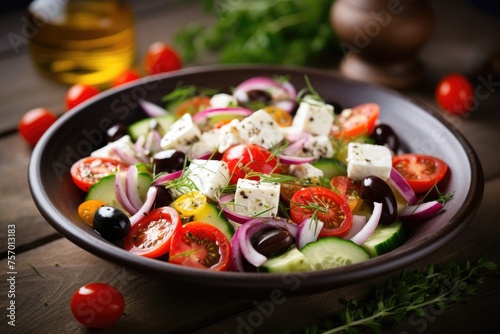 Symbolic image of a healthy Greek salad with feta cheese, cherry tomatoes, olives, cucumber, and spices, concept for a tasty and wholesome meal. © The Big L