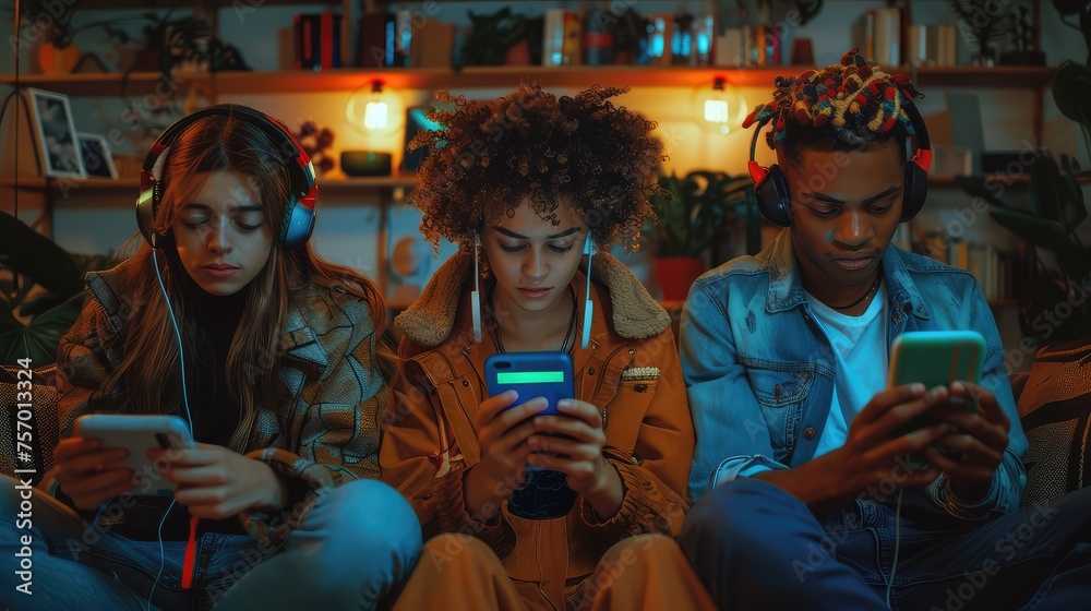 Obraz premium Tech Savvy Millennials, Young adults embracing technology for communication, work, and entertainment